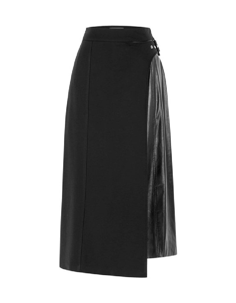 Black Leather Mix Midi Skirt