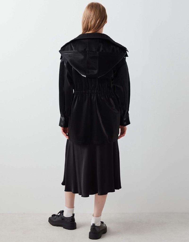 Black Fabric Mix Knit Collar Coat