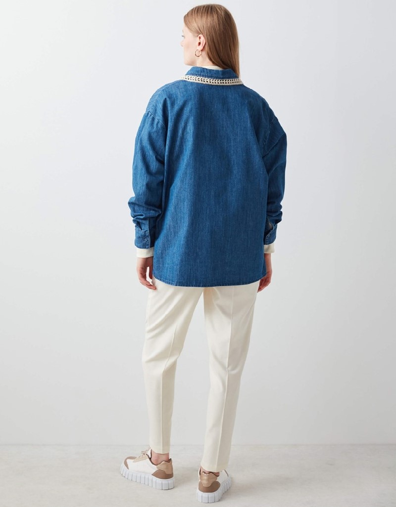 Blue Denim Shirt With Crochet Stripes