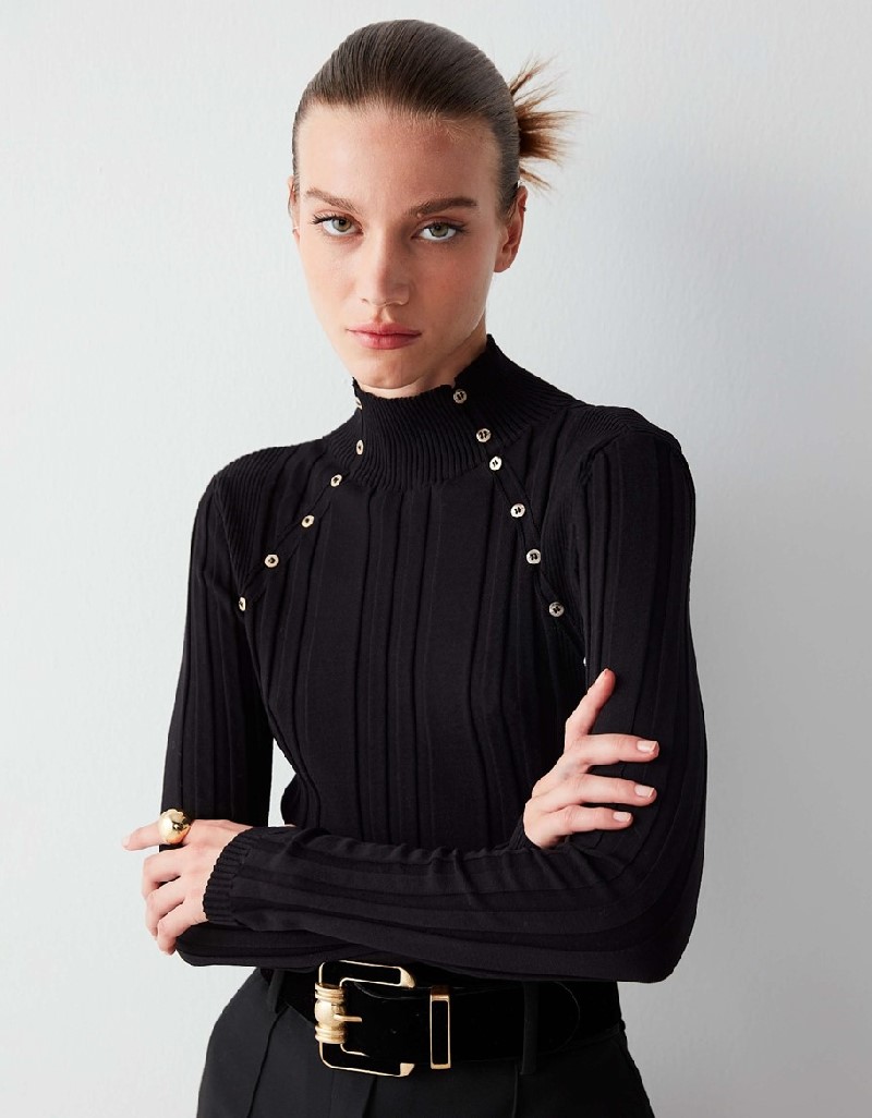 Black Corduroy Knitwear With Button Accessories