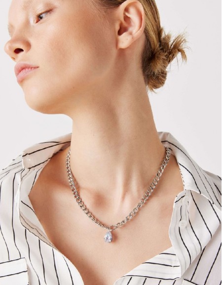 Silver Stone Pendant Chain Necklace
