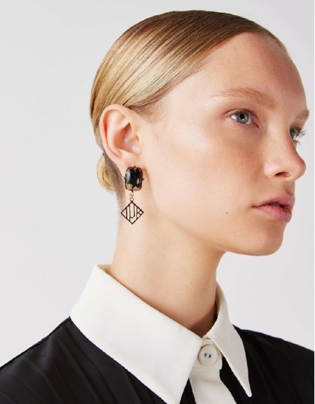 Black Monogram Pattern Stone Earrings