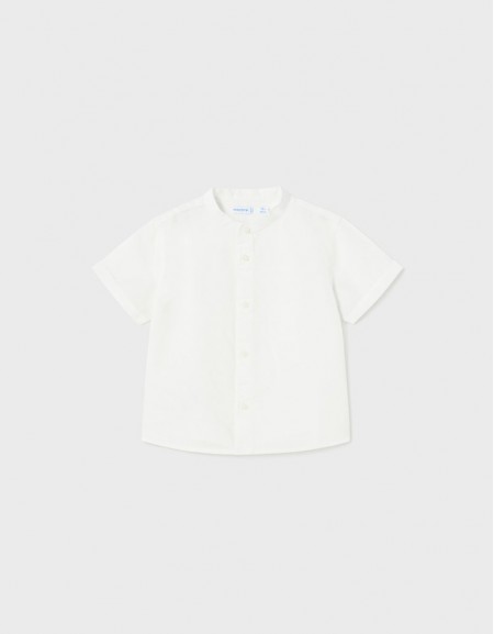 White S/s linen mao collar shirt