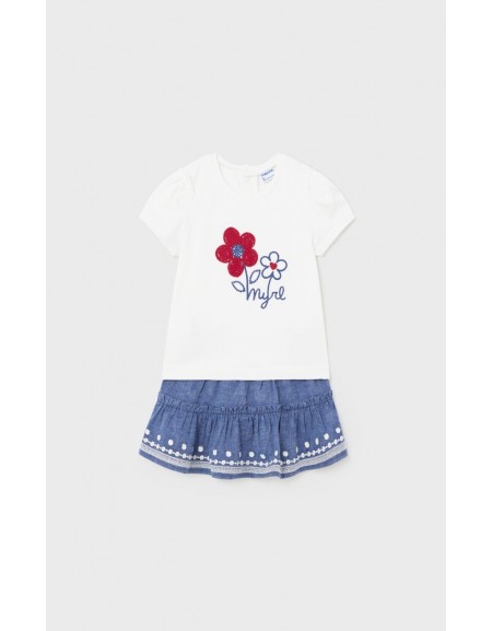 Blue Embroidered Linen Skirt Set