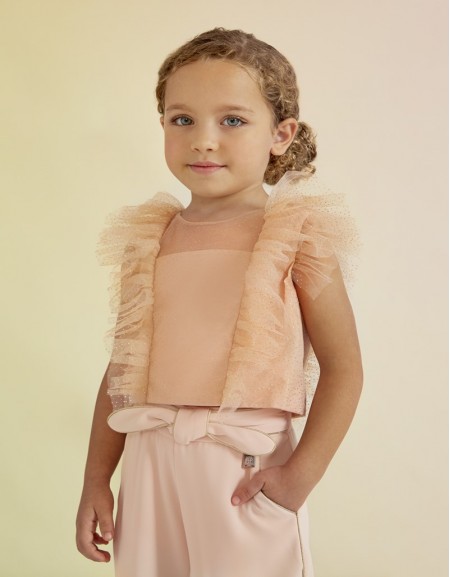 Peach Embossed floral tulle top