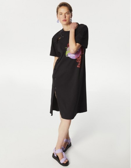 Black Image Printed Midi Combed Cotton Dress
