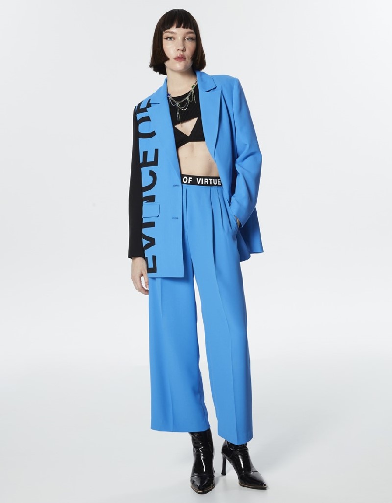 Blue Slogan Printed Relaxed Cut Trousers