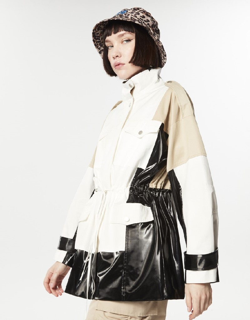 Beige Colorblock Patent Leather Mix Top Coat