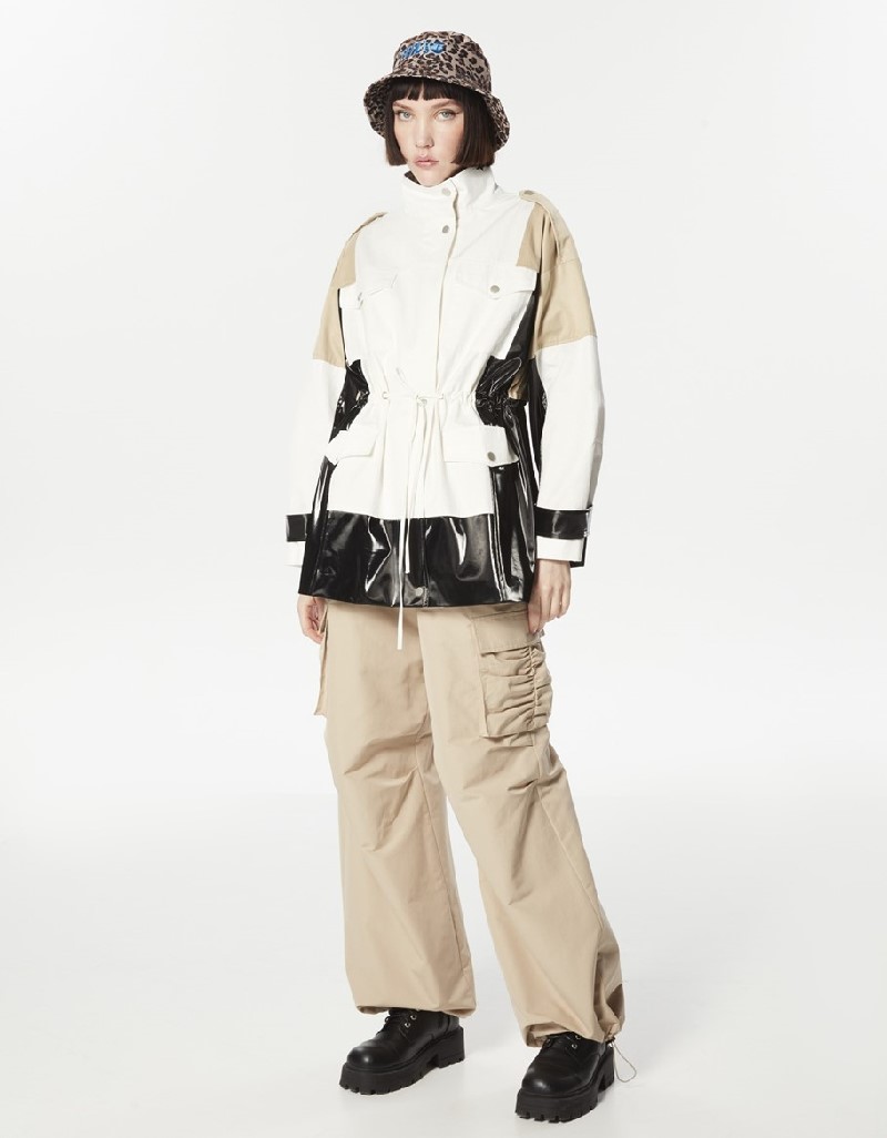 Beige Colorblock Patent Leather Mix Top Coat