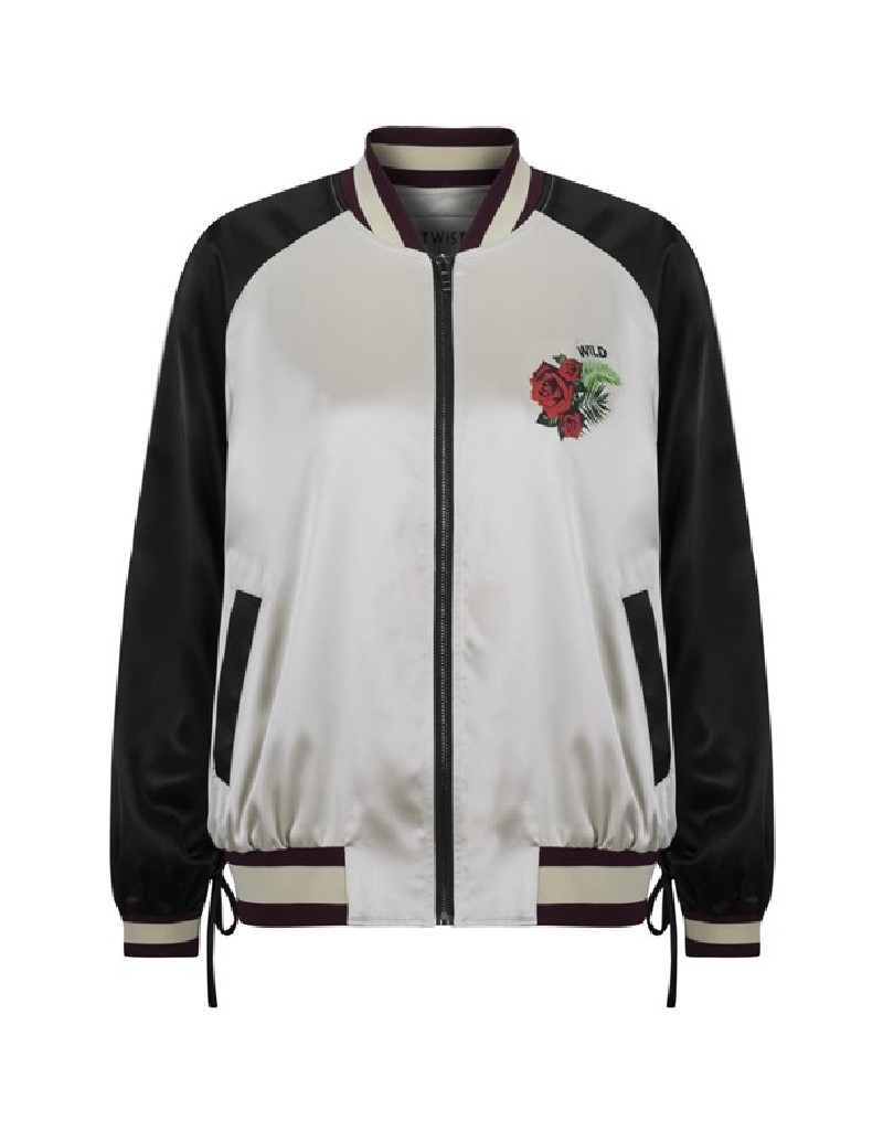 Beige Colorblock Satin Bomber Jacket
