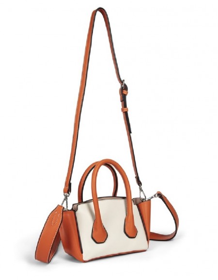 Beige Colorblock Leather Look Bag