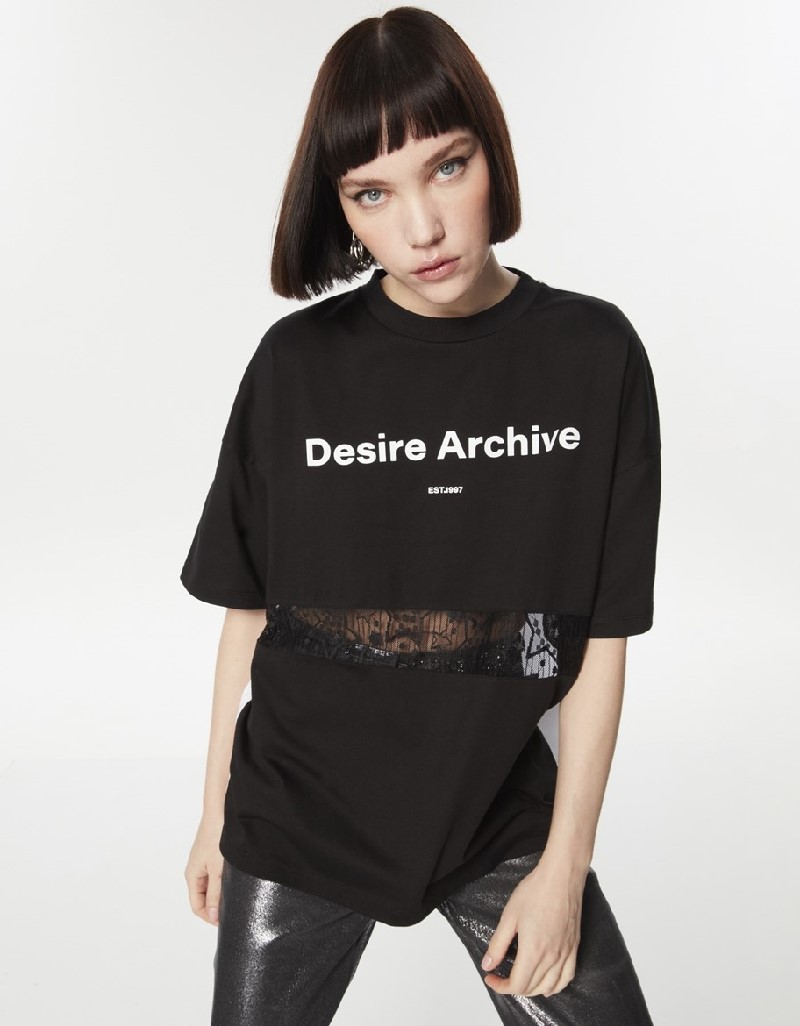Black Colorblock Slogan Printed T-Shirt