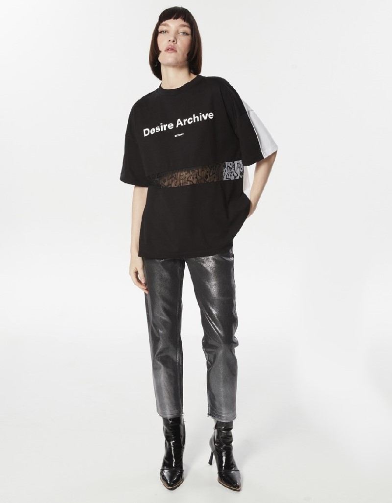 Black Colorblock Slogan Printed T-Shirt