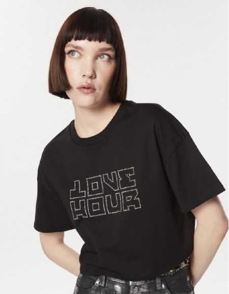 Black Hotfix Printed Crop T-Shirt
