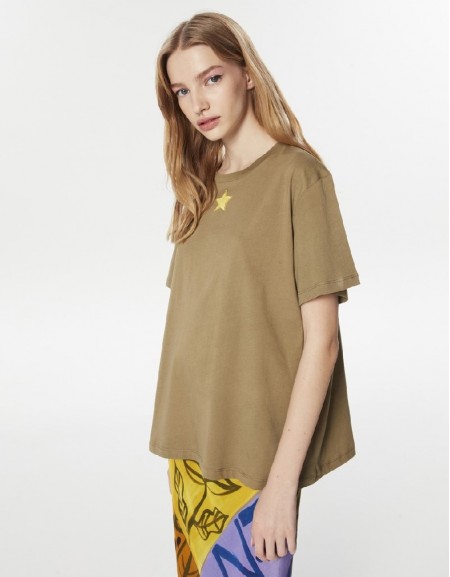 Khaki Embroidered Casual T-Shirt