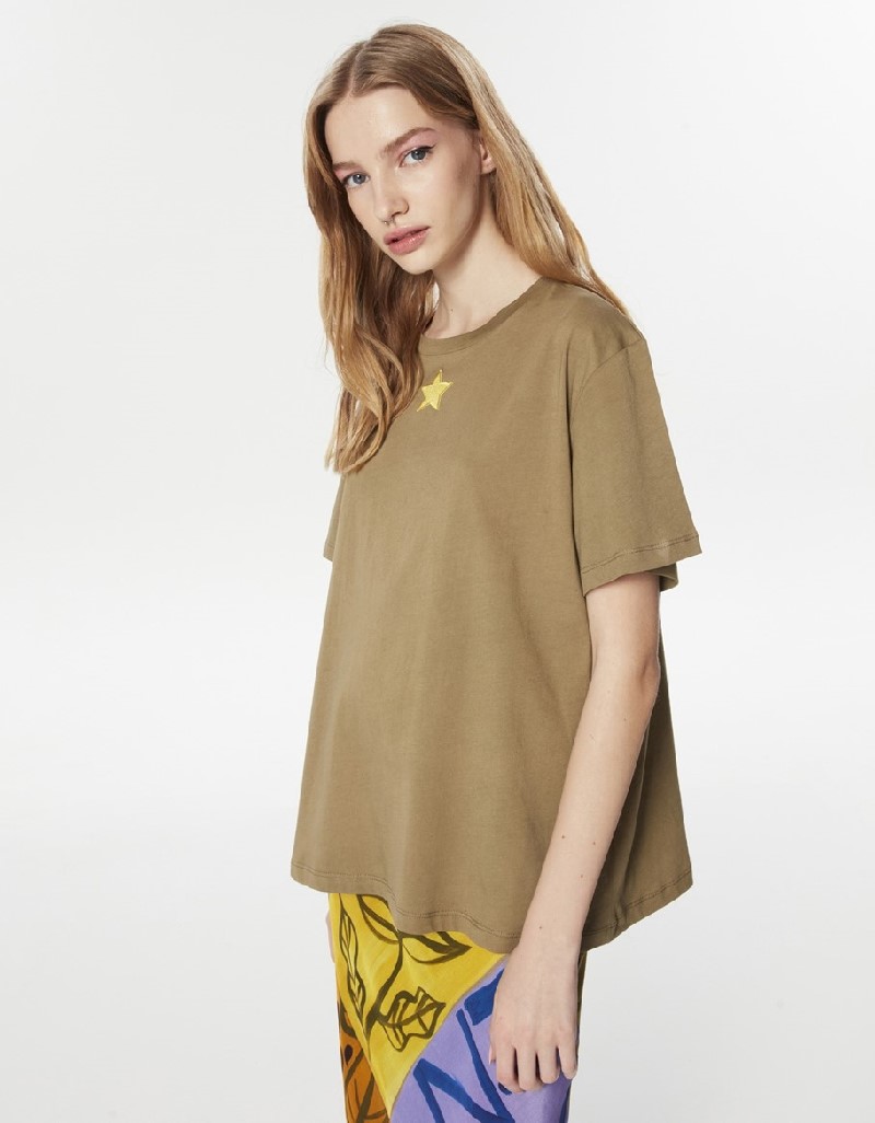 Khaki Embroidered Casual T-Shirt