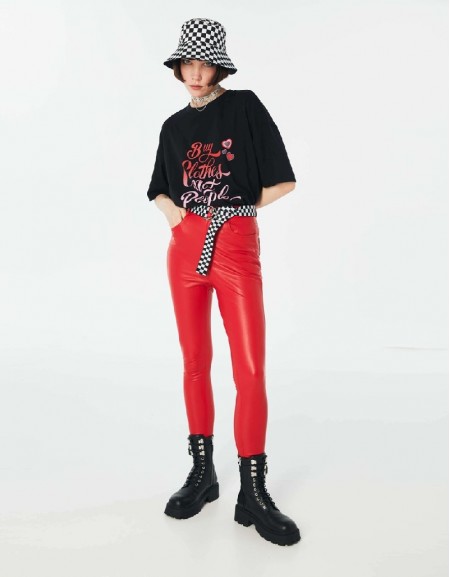 Red Leather Look Trousers