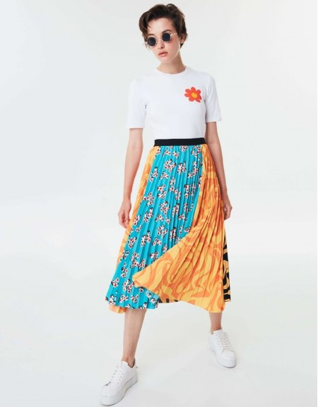 Orange Mixed Pattern Pleated Skirt