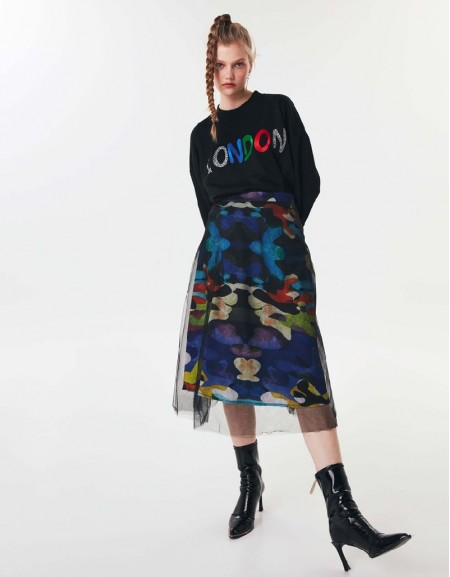 Navy Tulle Coating Midi Skirt