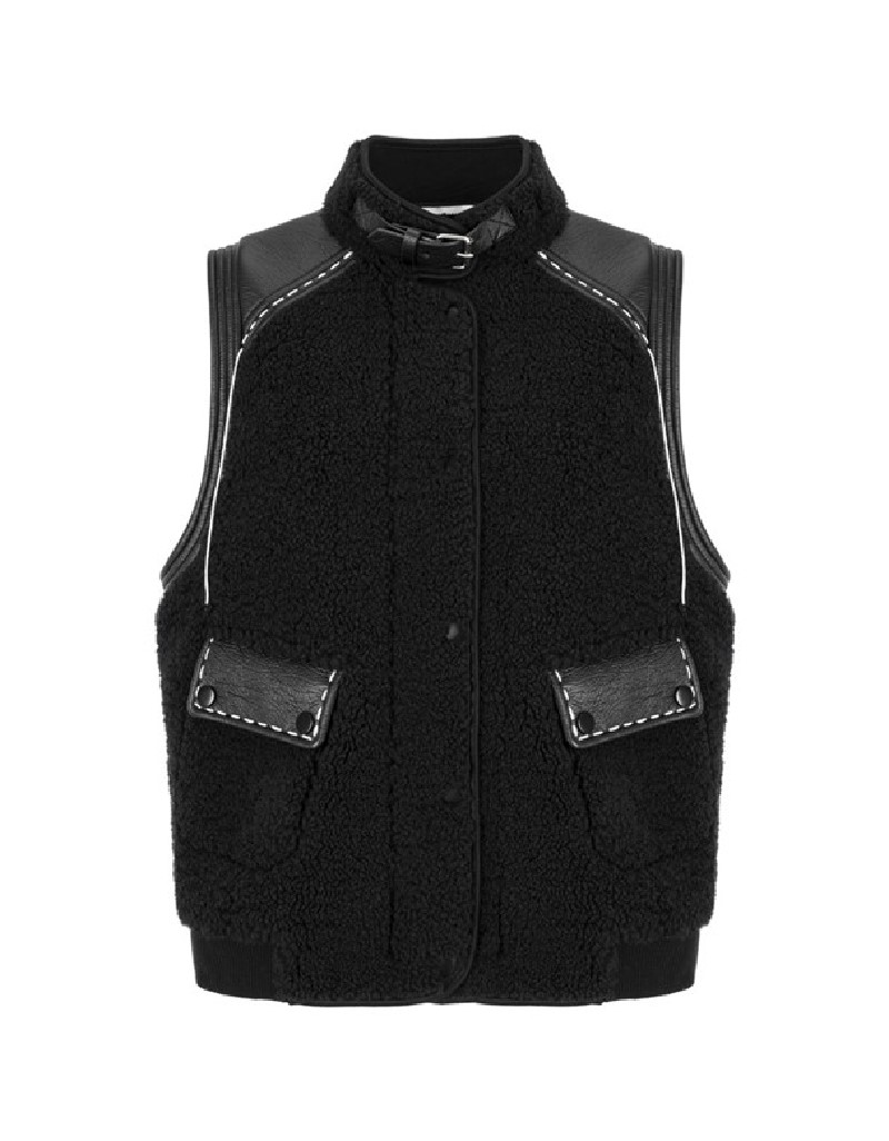 Black Leather Mix Shearling Vest