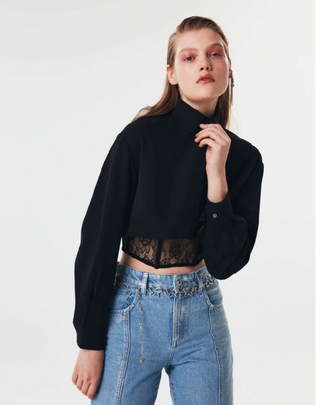 Black Crop Shirt With Lace Bustier