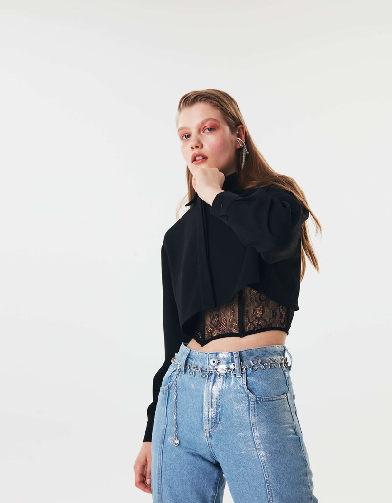 Black Crop Shirt With Lace Bustier